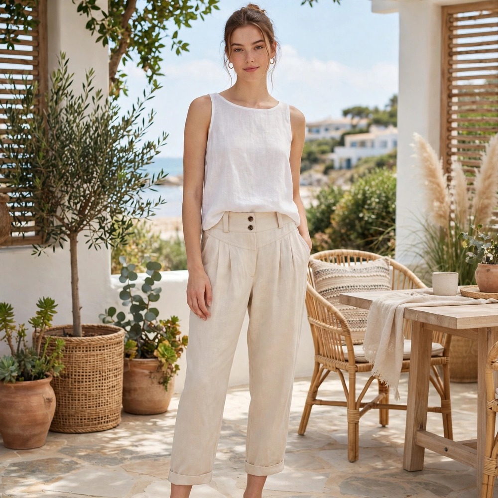 Mara Hoffman Beige TENCEL Linen Pleated High Waist Trousers Size 00